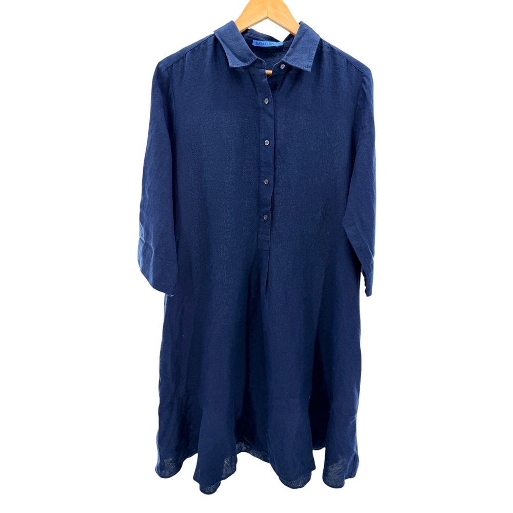 J.McLaughlin Navy Blue 100% Linen Shirt Dress 3/4 Roll Tab Sleeve L Nautical
